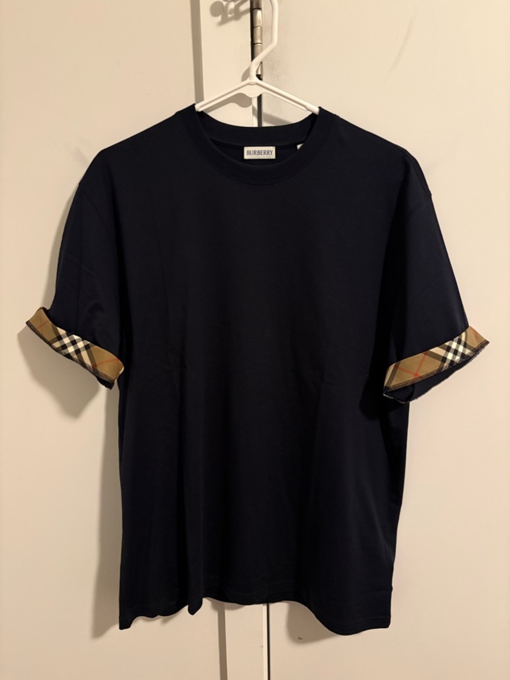 Burberry Men’s Navy Short-Sleeve Tee with Vintage Check Trim
